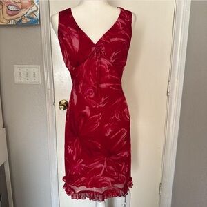 Stunning vintage red floral sheer mess dress v neck sleeveless ruffle size 14